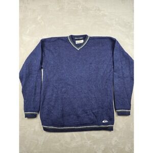Vintage Quiksilver V-Neck Sweater Men L Blue Wool Nylon Long Sleeve Striped Trim